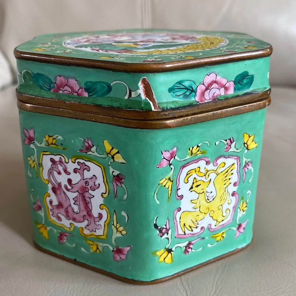 Vintage Chinese Hand Painted Enamel Hexagon Box Dragon / Phoenix Design